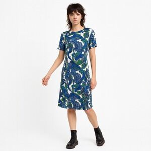 Shelton Stroller Dress Women‎ 60s White Blue Paisley Print Flower Front Zip